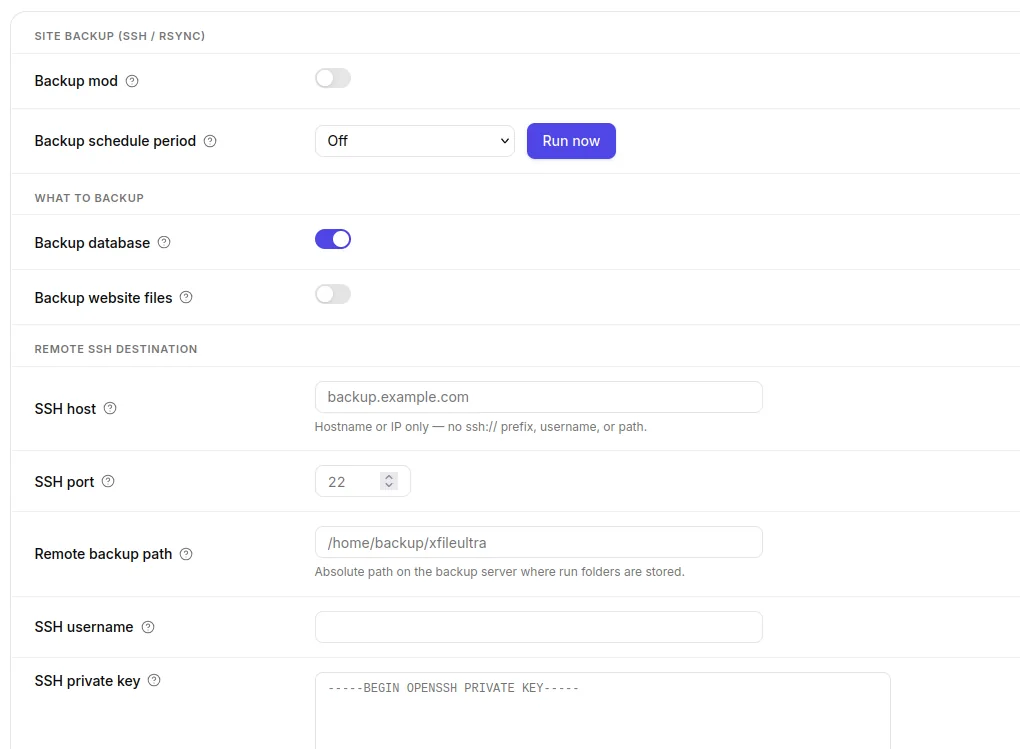Backup schedule and SSH destination settings