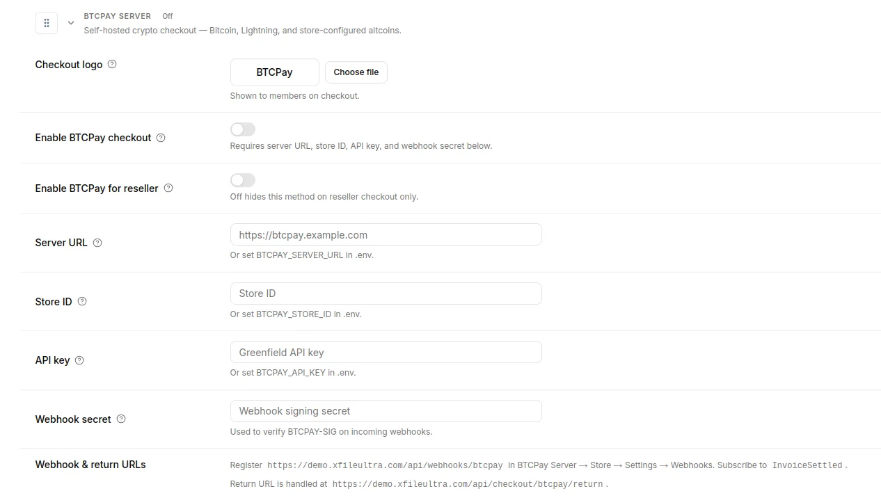 Admin BTCPay Server payment settings