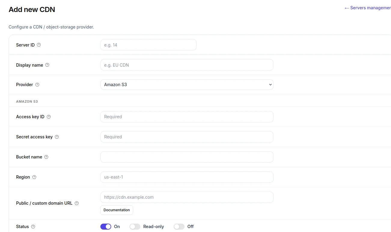 Add new CDN server form