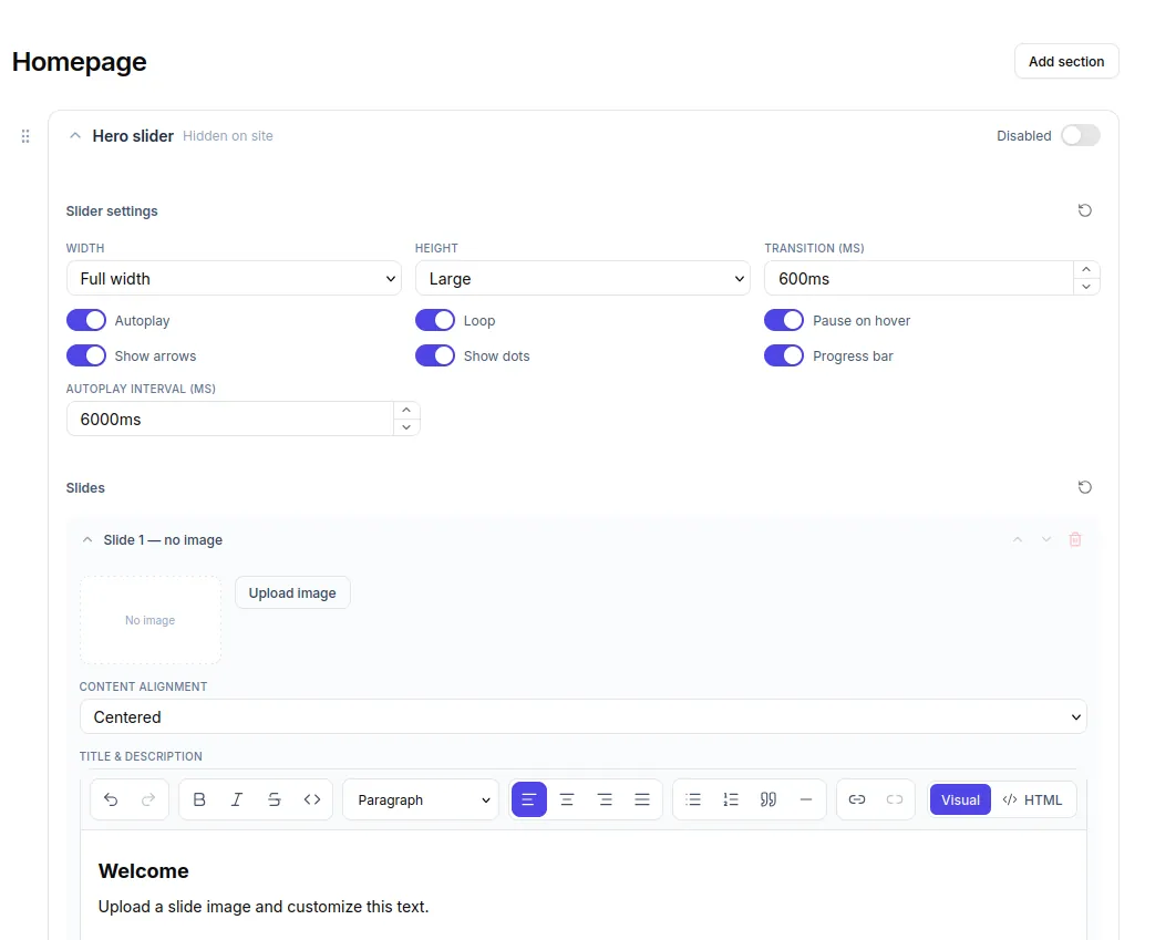 Hero Slider settings and slides editor