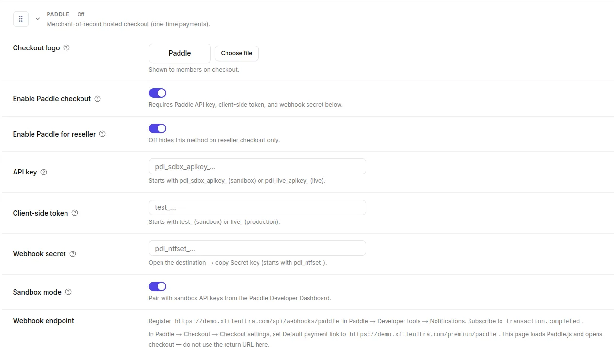 Admin Paddle payment settings