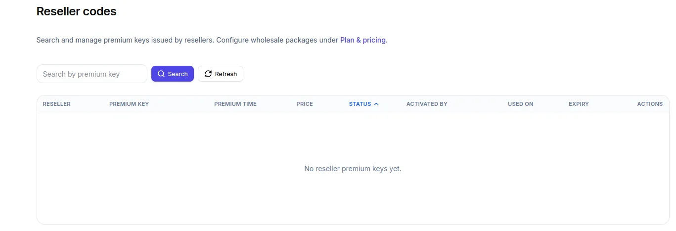 Admin reseller codes management