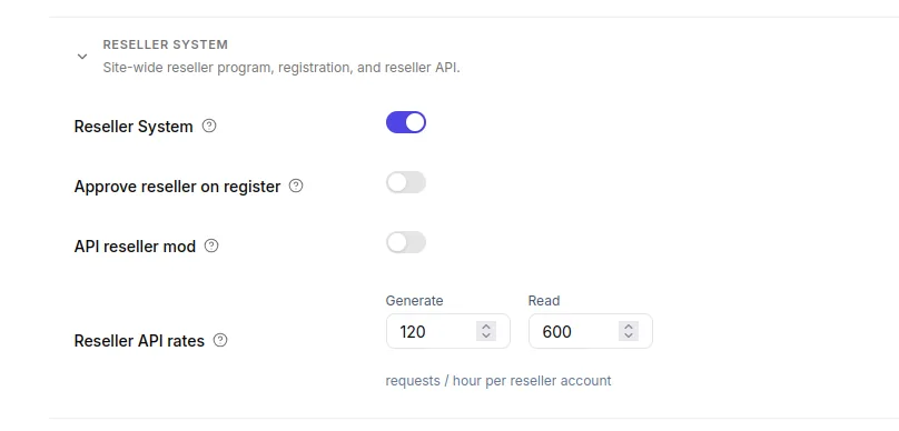Admin Reseller System modes settings