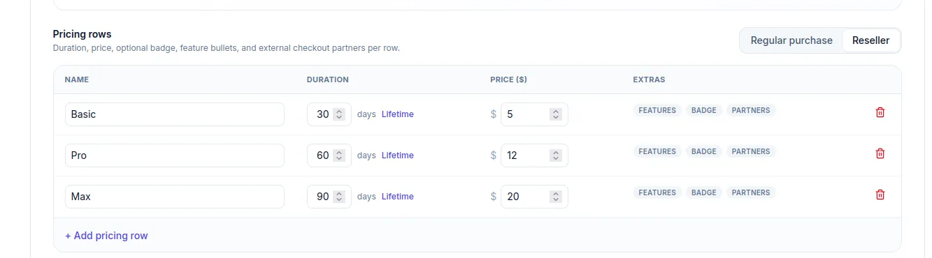 Reseller pricing rows in Plan & pricing