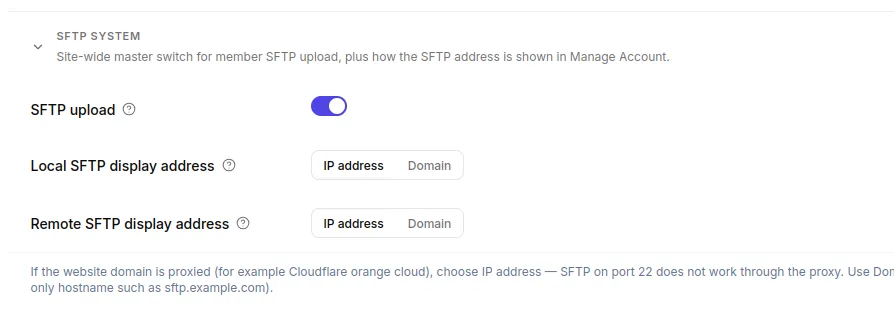 Admin SFTP System modes settings
