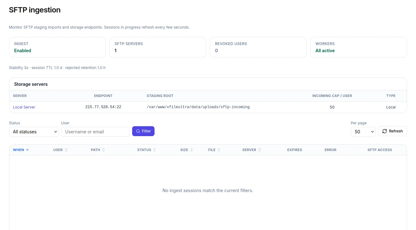 Admin SFTP ingestion dashboard
