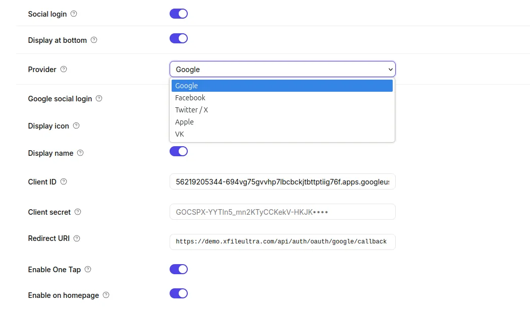 Admin Social Login settings