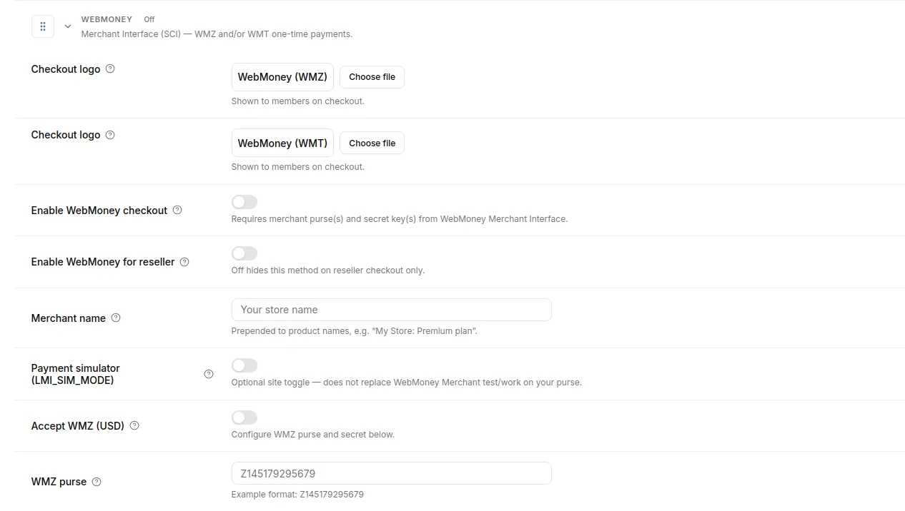 Admin WebMoney payment settings